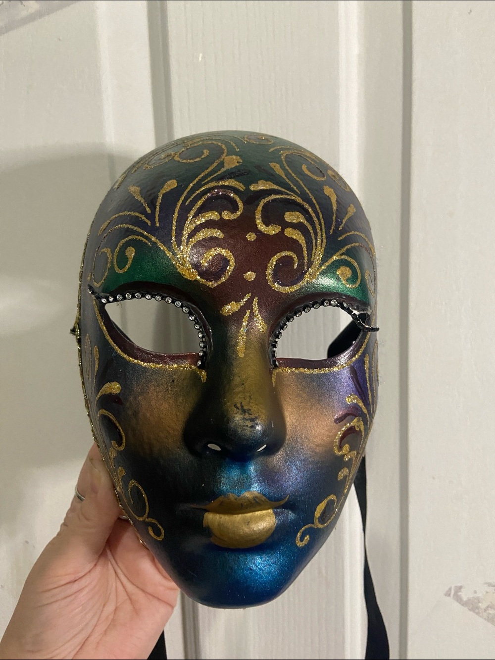 Hand-Painted Decorative Venetian-Style Mask in Green, Purple & Gold